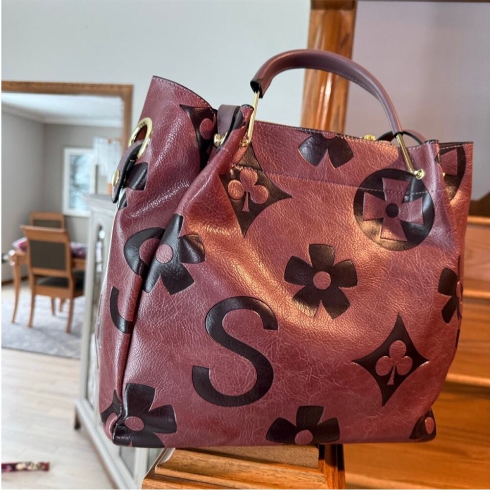 NEW Stylish Burgundy Designer Tote Bag Embossed Nanogram Crossbody Viral Tiktok